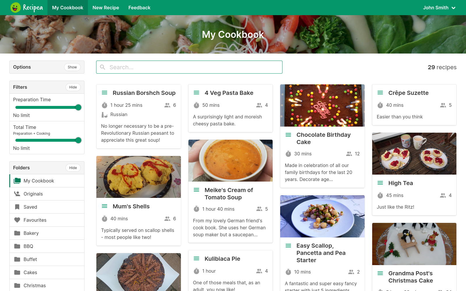 Recipe user cookbook page