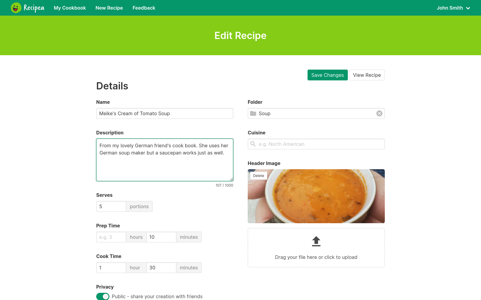 Recipe edit page