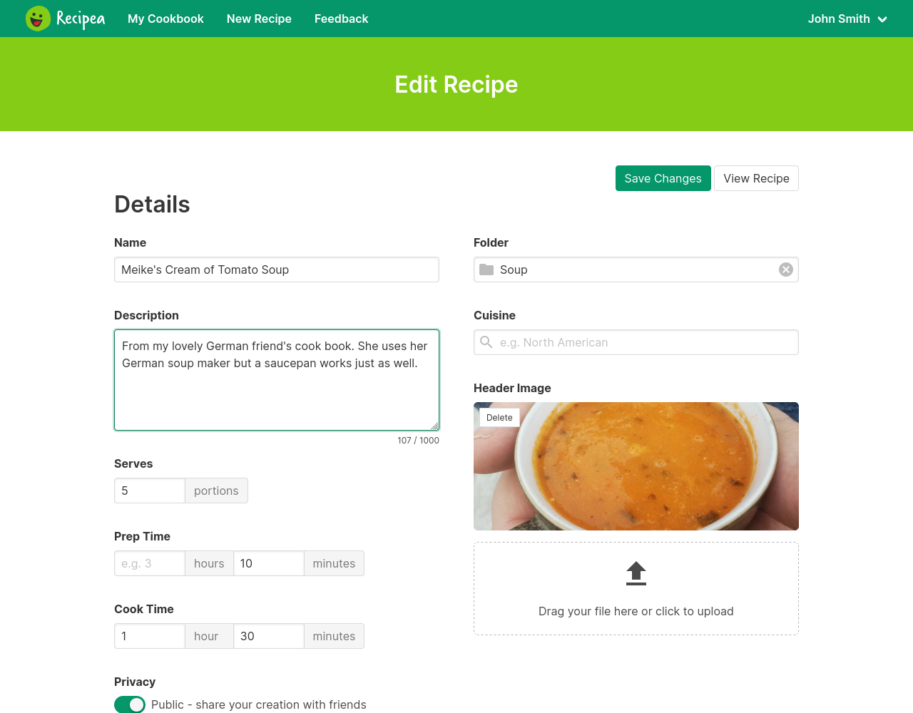 Recipe edit page