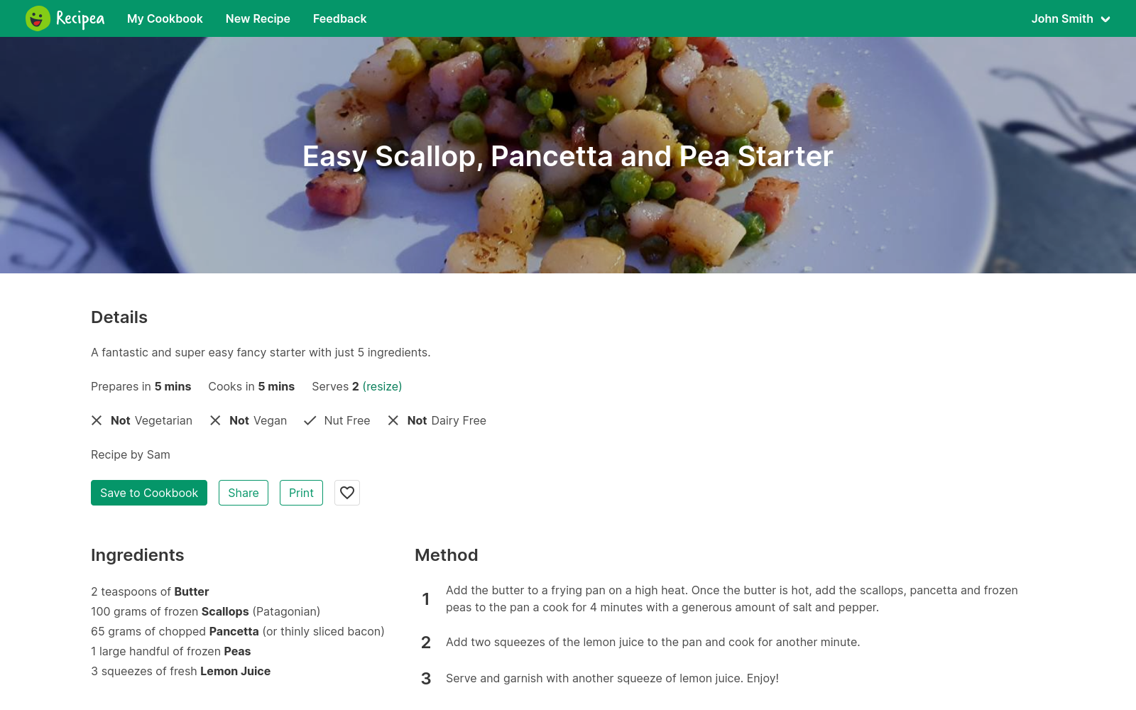 Recipe view page